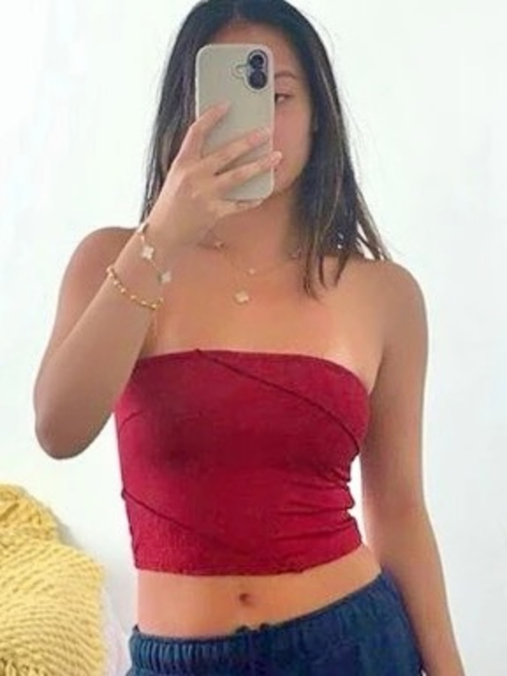 Strapless Lace Trim Crop Top in Red Like New
